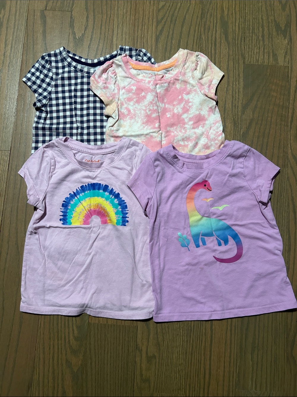 Cat & Jack Purple Tie-Dye, Gingham & Rainbow Dinosaur Short Sleeve Tee Set